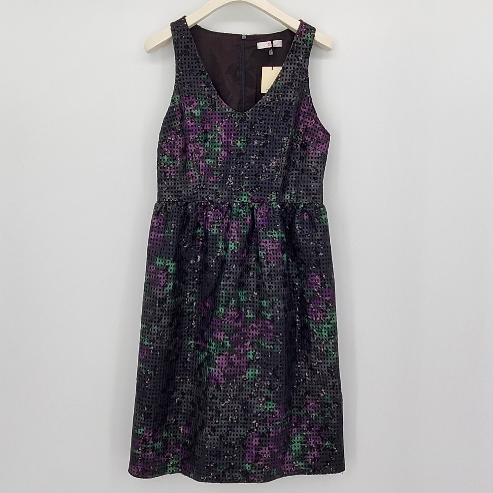 Trina Turk Sequin Black Floral Fit Flare Dress 12